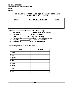 Đề kiểm tra 15p lần 2 học kì II Tiếng anh lớp 7 - Năm học 2015-2016 - Trường THCS Mỹ Bình